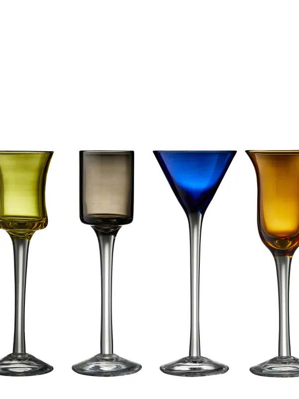 Produkt Lyngby Glas Snapseglas på fod 6 stk i assorterede farver og former Billede